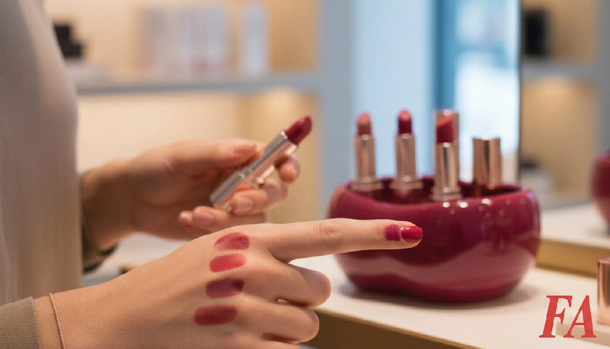 Rujuri care intineresc: ce să alegi după 35 de ani 5 Mână testând nuanțe de ruj în magazinul de cosmetice.